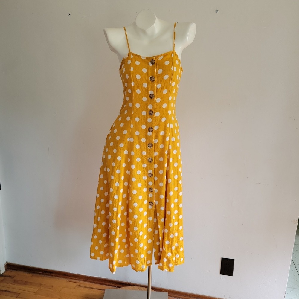 Rebellion Again Midi Dress Medium Mustard Yellow Polka Dot Picnic Pinup Retro